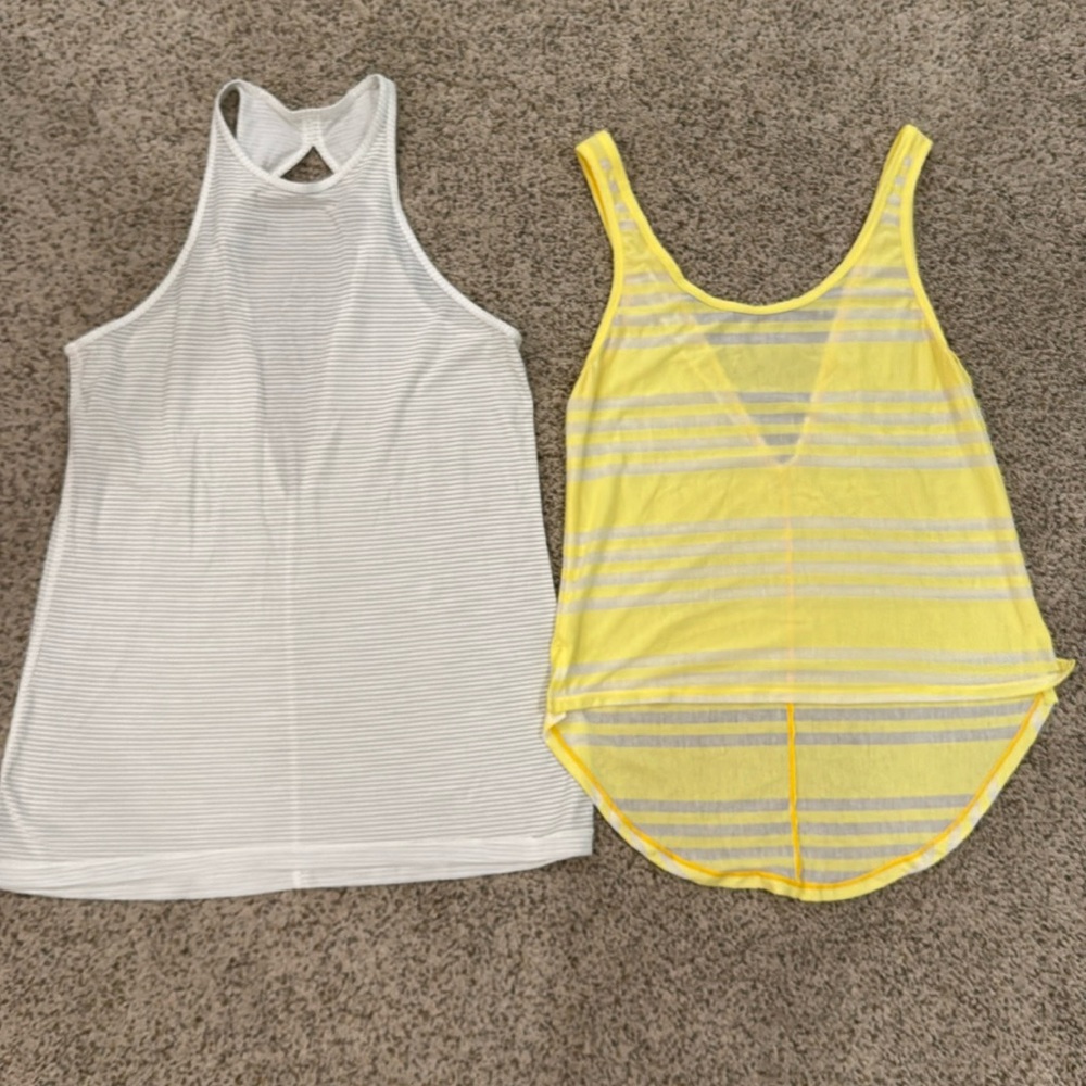 Lululemon Tanks X 2 white and yellow stripe. Unsure of the names. Size 6.